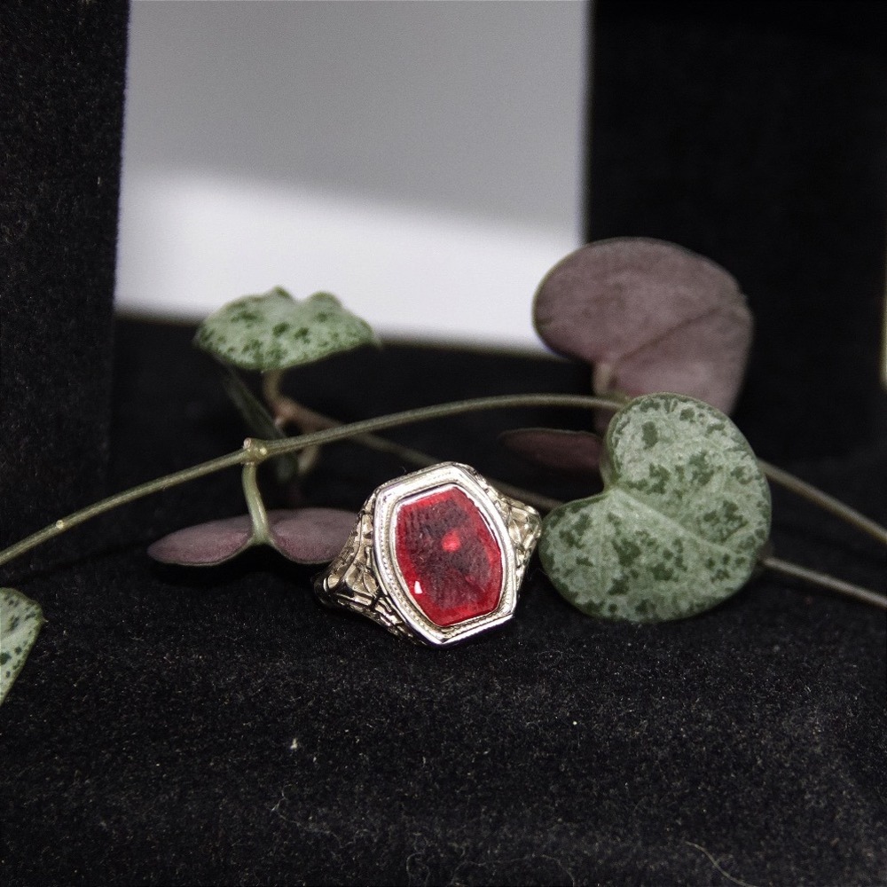 VTG ART DECO 14K White Gold Large Ruby Filigree Cocktail Statement Ring Size 5